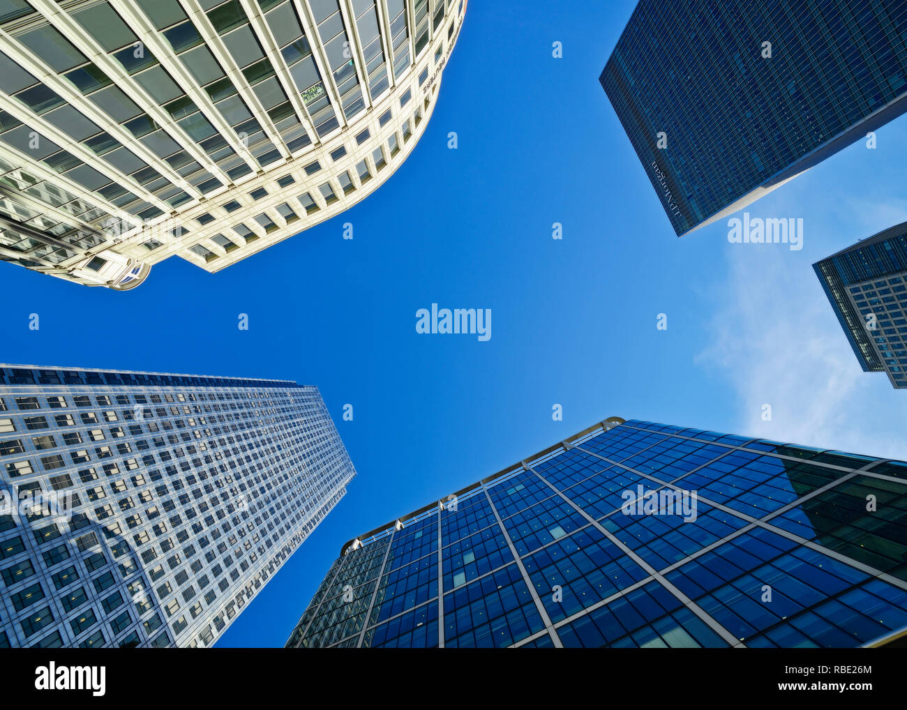 Canary Wharf, low angle View from Cabot Square, London, United Kingdom Stock Photo