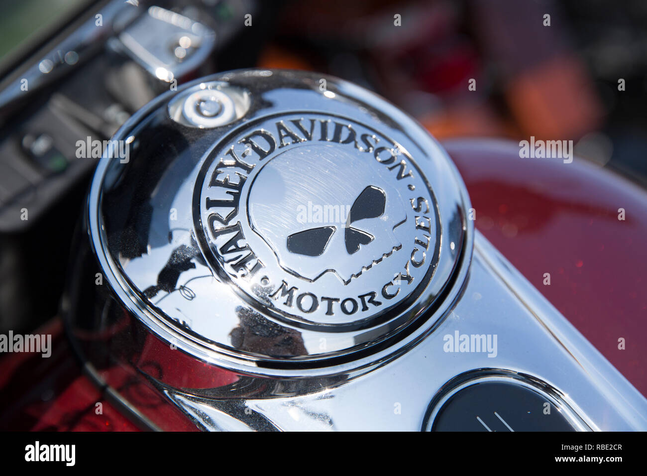 Closeup Of A Shiny Harley Davidson Chrome Gas Cap With A Skull Logo Stock Photo Alamy