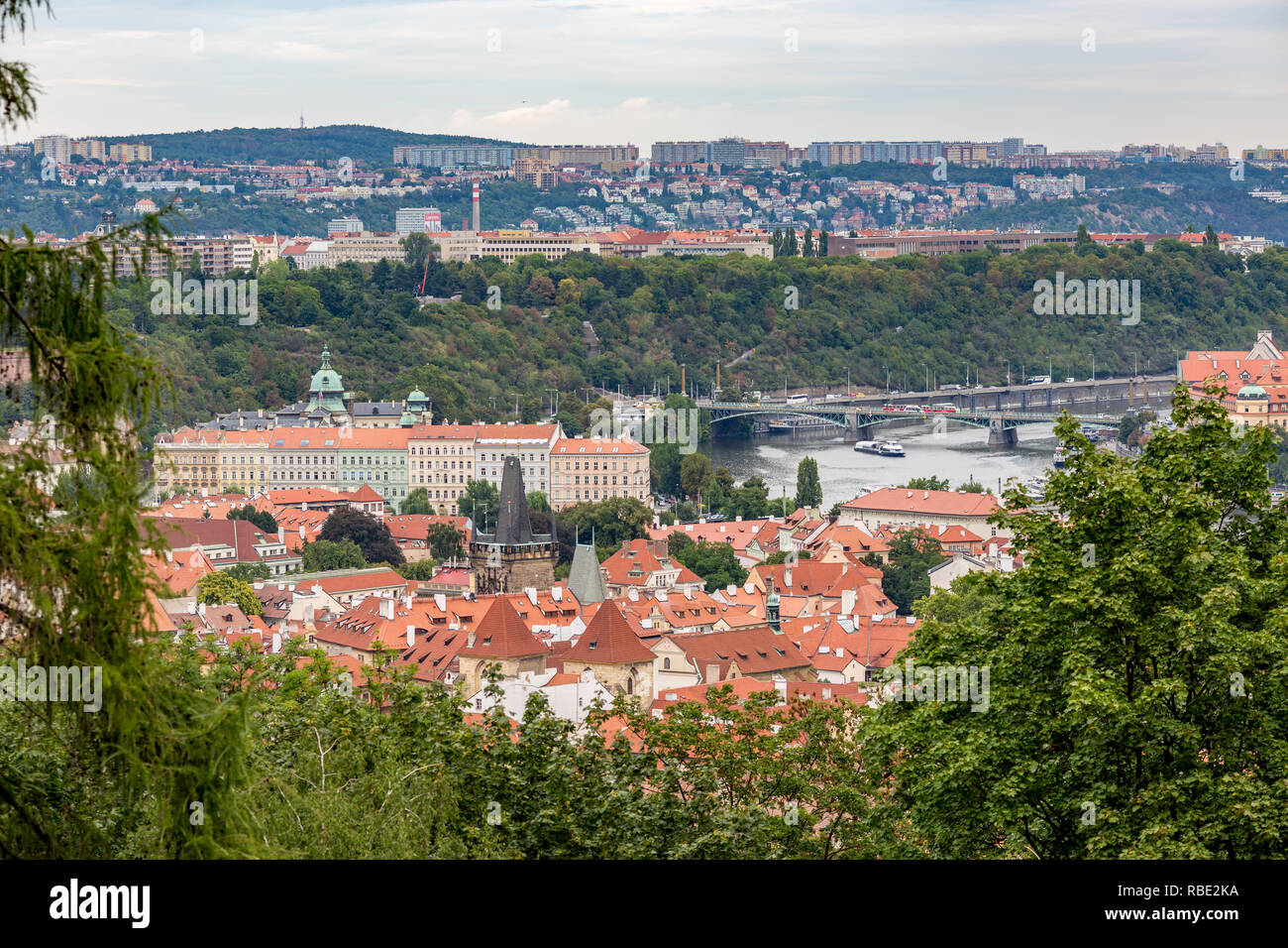 Prague Lesser Town cityscape skyline high angle view as seen as descending from the magnificent Petrin park across Vltava river in the Czech Republic  Stock Photo