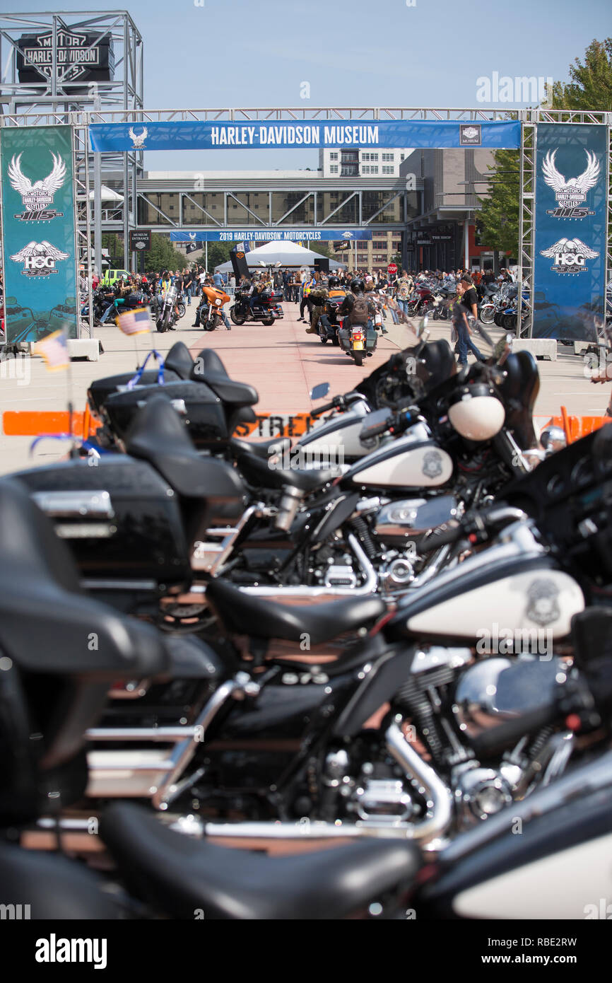 Motorcycle riders from all over the world attend the 115th Harley-Davidson anniversary celebration event in downtown Milwaukee, Wisconsin Stock Photo