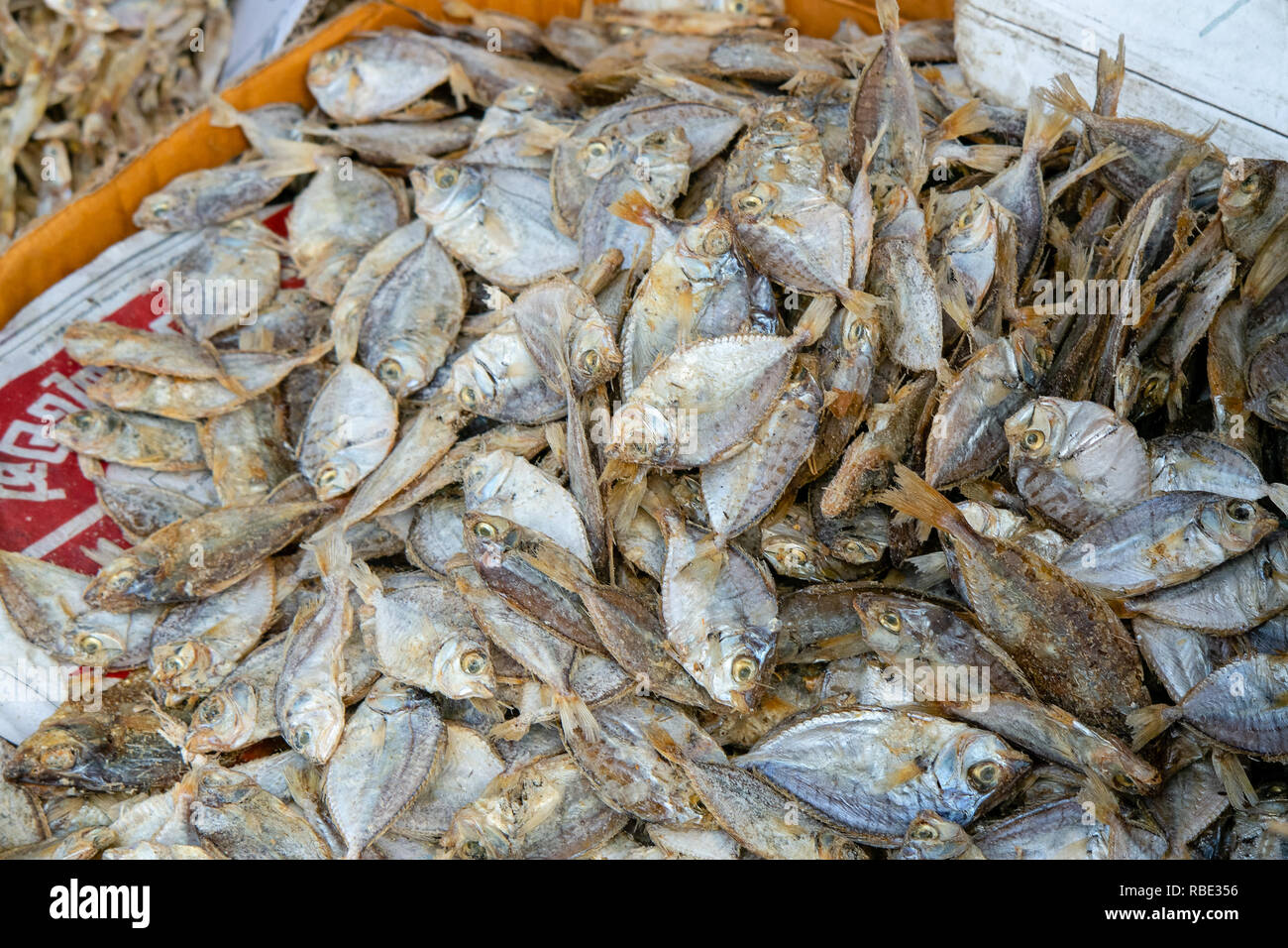 A basket of small sun dried salt water fish ready for sale. Stock Photo