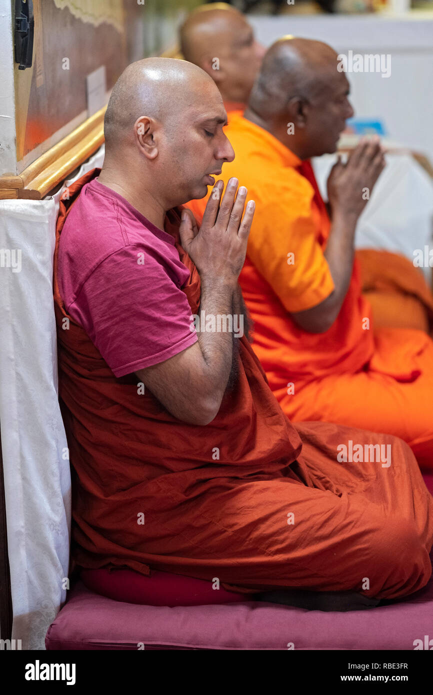 Buddhist monks with hands clasped and in colorful robes pray and meditate at a temple in Queens Village, New York City. Stock Photo