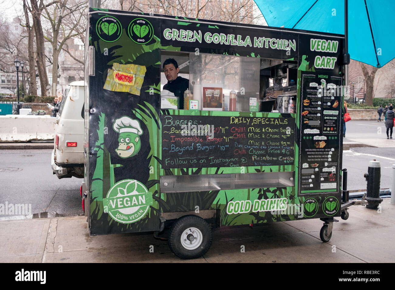 The GREEN GORILLA KITCHEN, a vegan food cart trailer parked on the