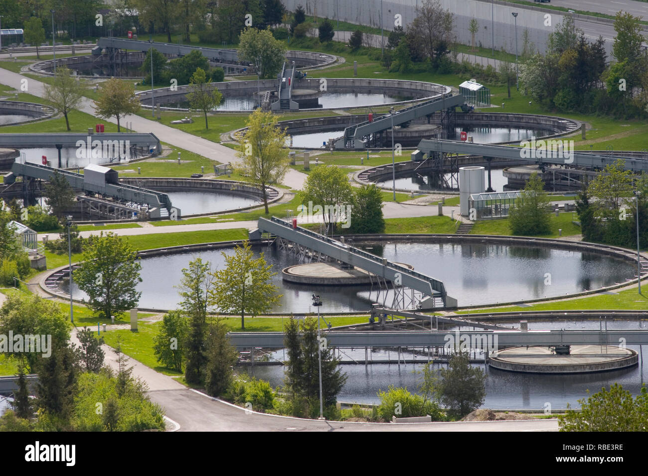 Clarification Plant - Waste water treatment, View from above Stock Photo
