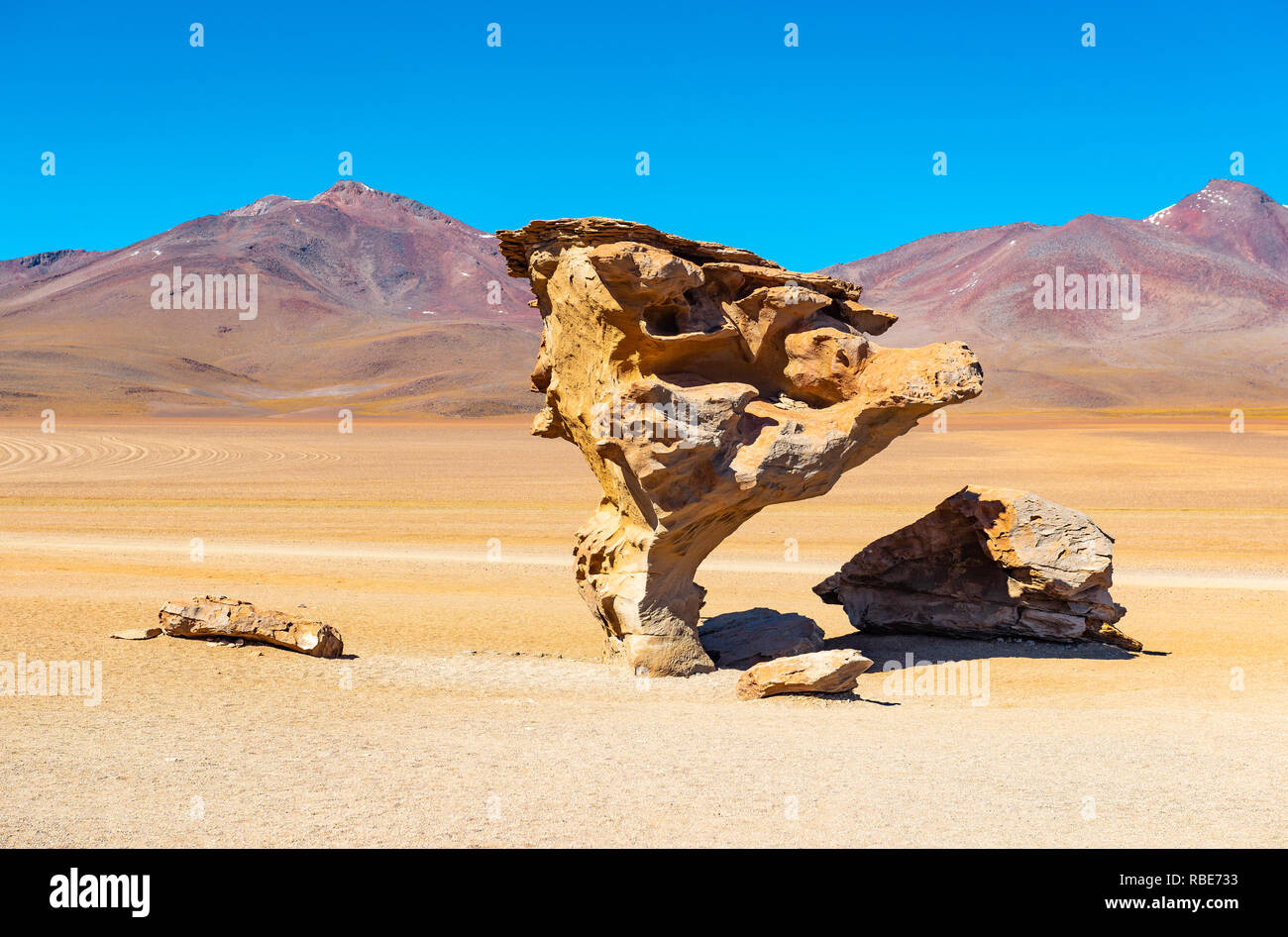 Arbol de Piedra or Stone tree in the Siloli desert, Uyuni salt flat desert, Bolivia. Stock Photo