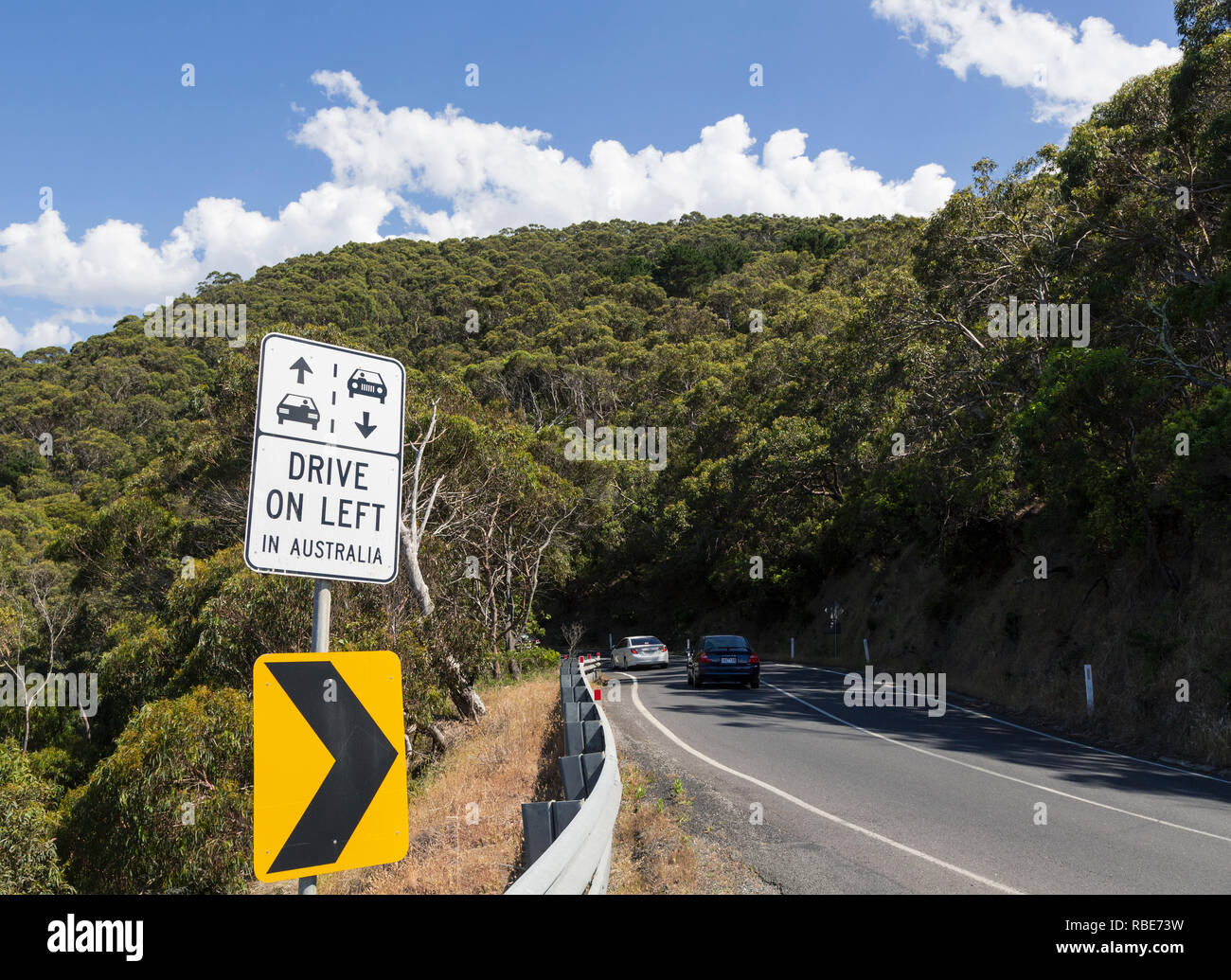 Warning to foreign tourists that in Australia they must drive on the left.  Photographed on the Great Ocean Road, Victoria, Australia. Stock Photo