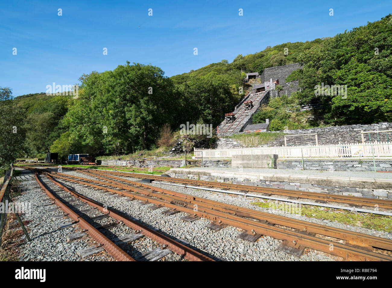 Llanberis Lake Railway next to Llyn Padarn in North Wales showing the Vivian quarry railway incline at the rear Stock Photo