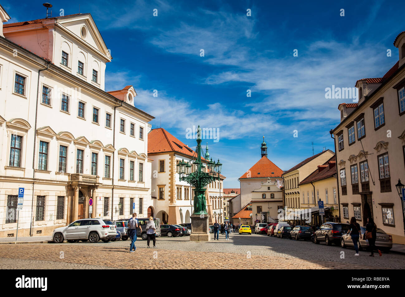 PRAGUE, CZECH REPUBLIC - APRIL, 2018: Hradcany Square located at the lesser quarter of Prague in a beautiful early spring day Stock Photo