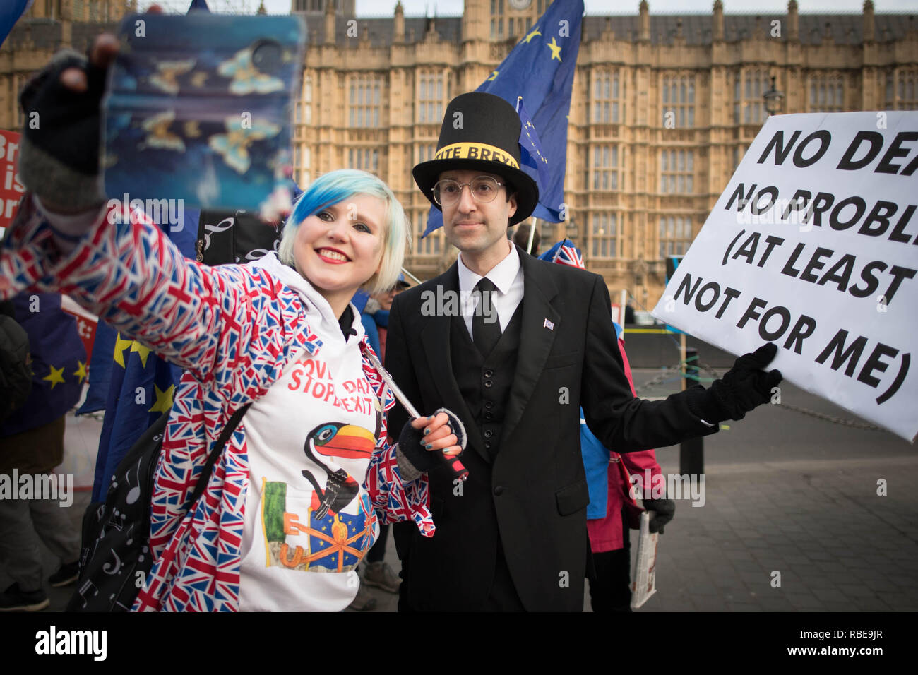 An anti-Brexit supporter resembling pro- Brexit MP Jacob Rees Mogg protests outside the Houses of Parliament in London today. Stock Photo