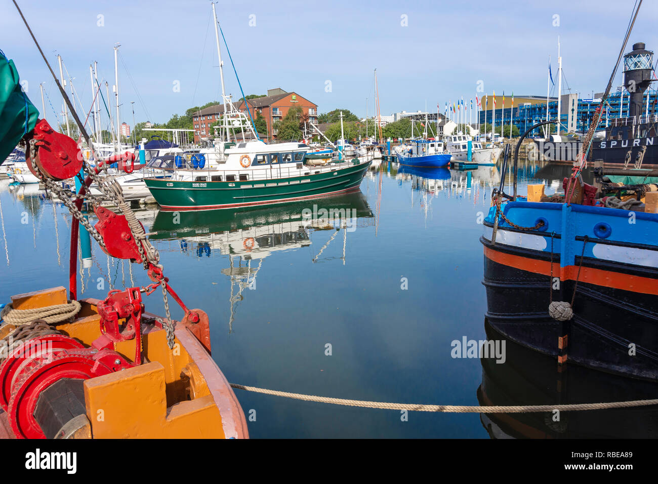 Fishing boat moored in Humber Dock Marina, Kingston upon Hull, East Riding of Yorkshire, England, United Kingdom Stock Photo