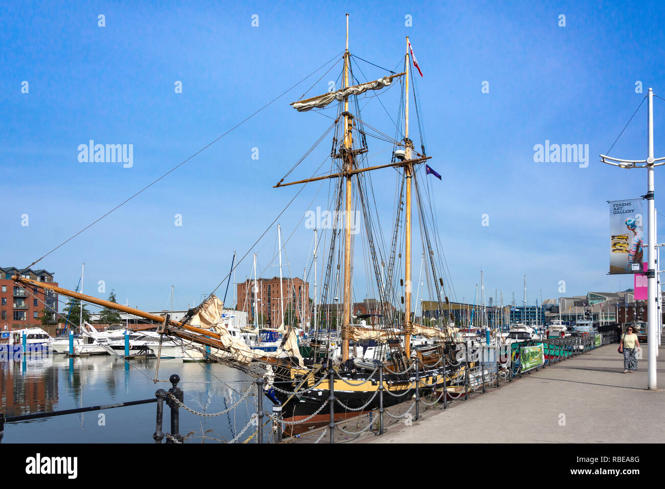 Replica of Admiral Nelson's HMS Pickle in Humber Dock Marina, Kingston upon Hull, East Riding of Yorkshire, England, United Kingdom Stock Photo