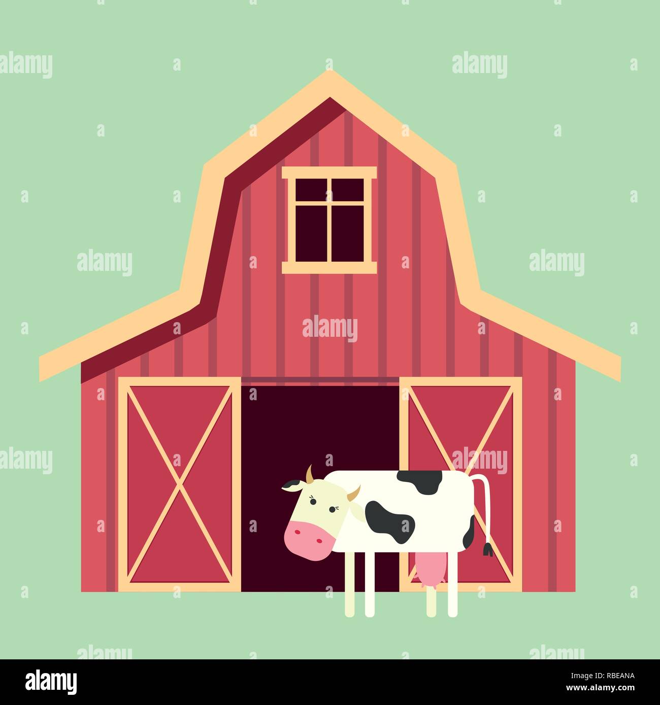 Red wooden farm barn in flat style with cow. Agricultural building for livestock or equipment. Vector illustration Stock Vector
