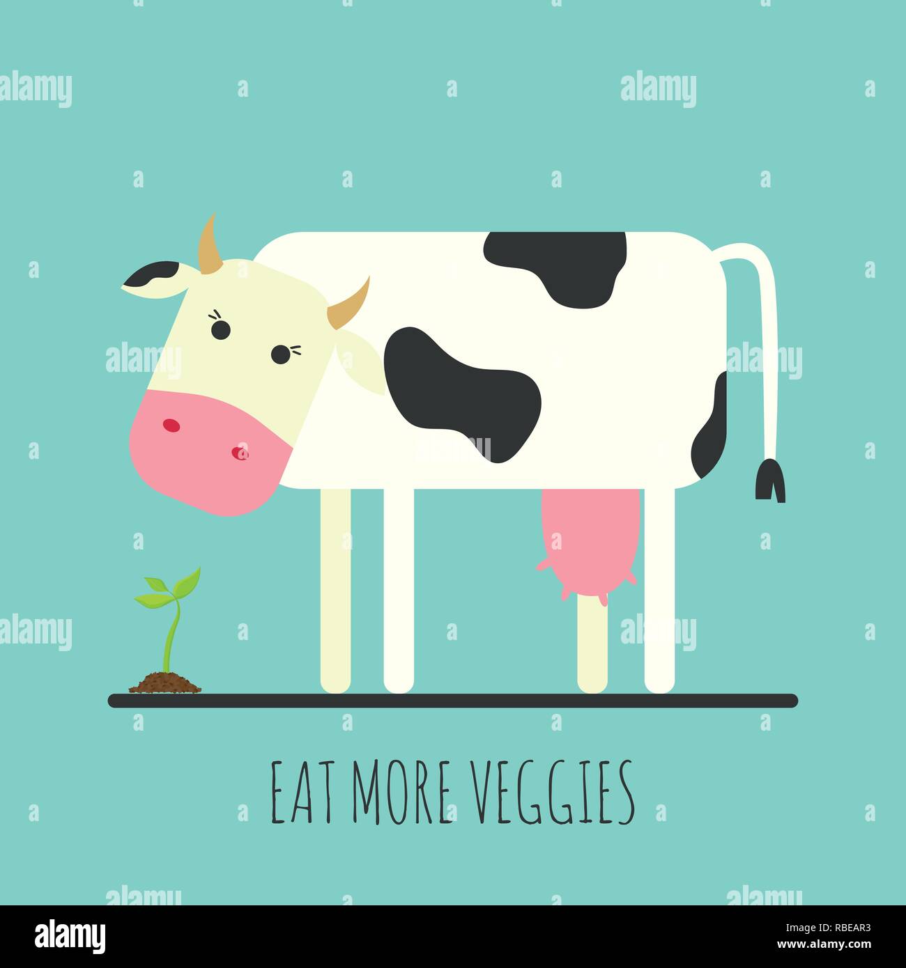 Flat cow with sprout. Flat cow icon. Eat more veggies. Vector illustration. Stock Vector