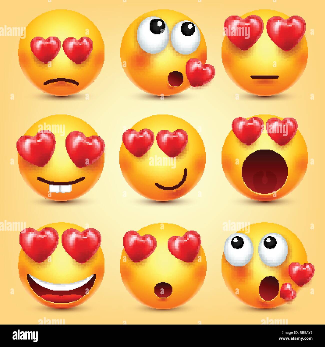 Emoji Smiley With Red Heart Vector Set Valentines Day Yellow Cartoon