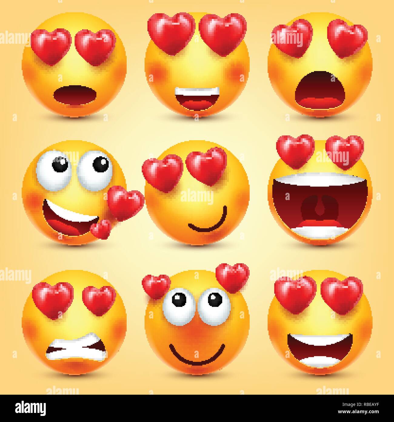Emoji Smiley With Red Heart Vector Set. Valentines Day Yellow Cartoon  Emoticons Face. Love Feeling Expression Stock Vector Image & Art - Alamy