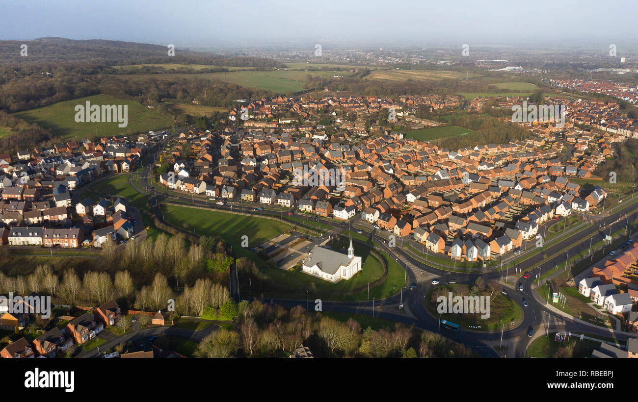 Aerial view of new housing construction on green belt land at Lawley in Telford Shropshire 2019 Stock Photo
