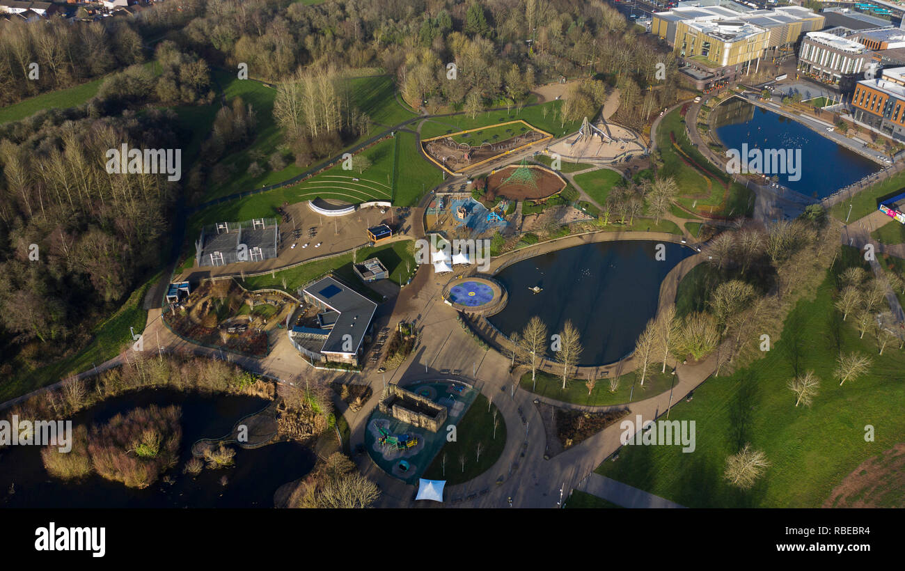 Aerial view of Telford Town Park and Southwater Shropshire 2019 Stock Photo