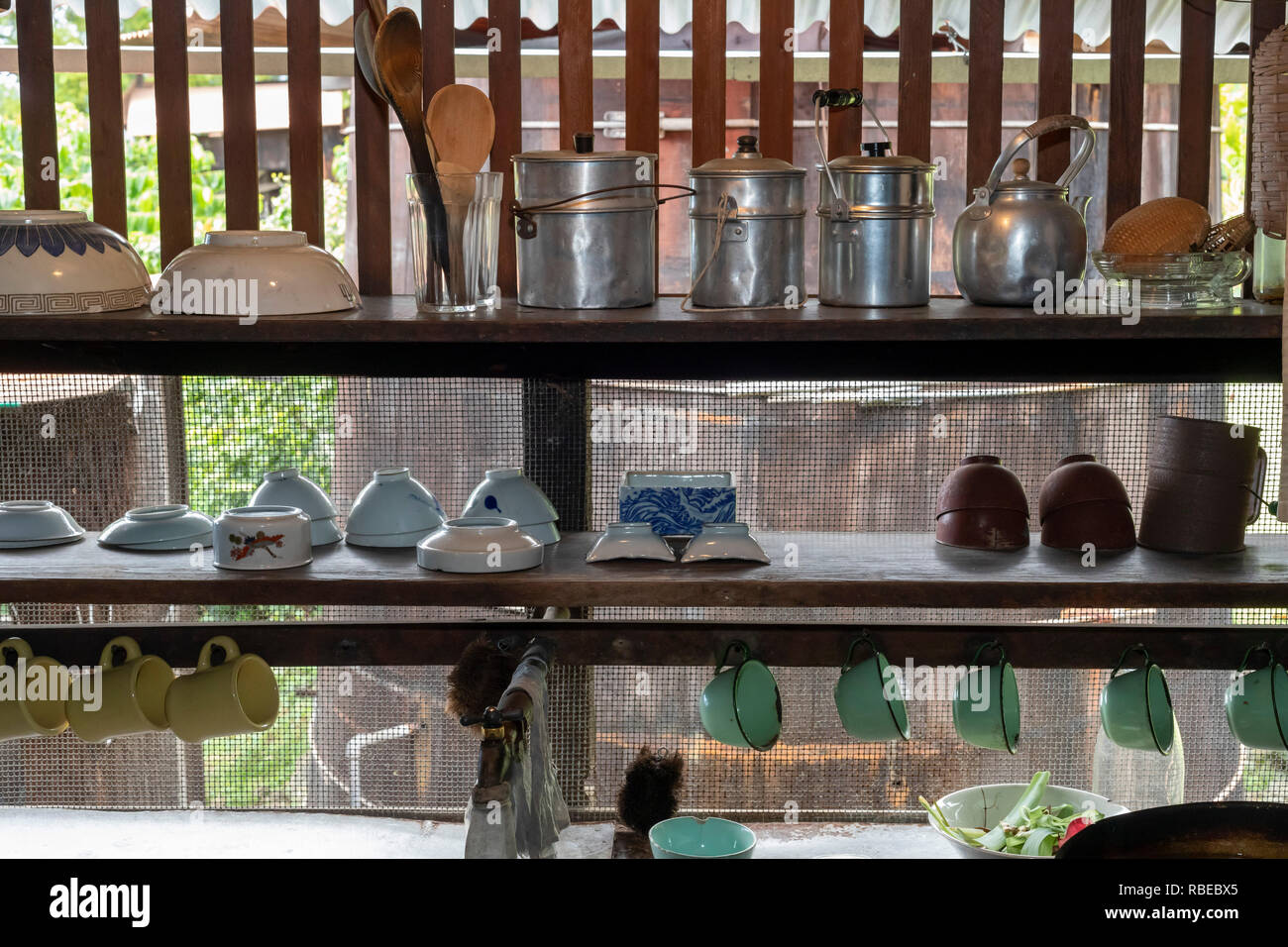 Captain Cook, Hawaii - The kitchen at the Uchida Farmhouse at the Kona Coffee Living History Farm. Japanese immigrant Daisaku Uchida and his family op Stock Photo