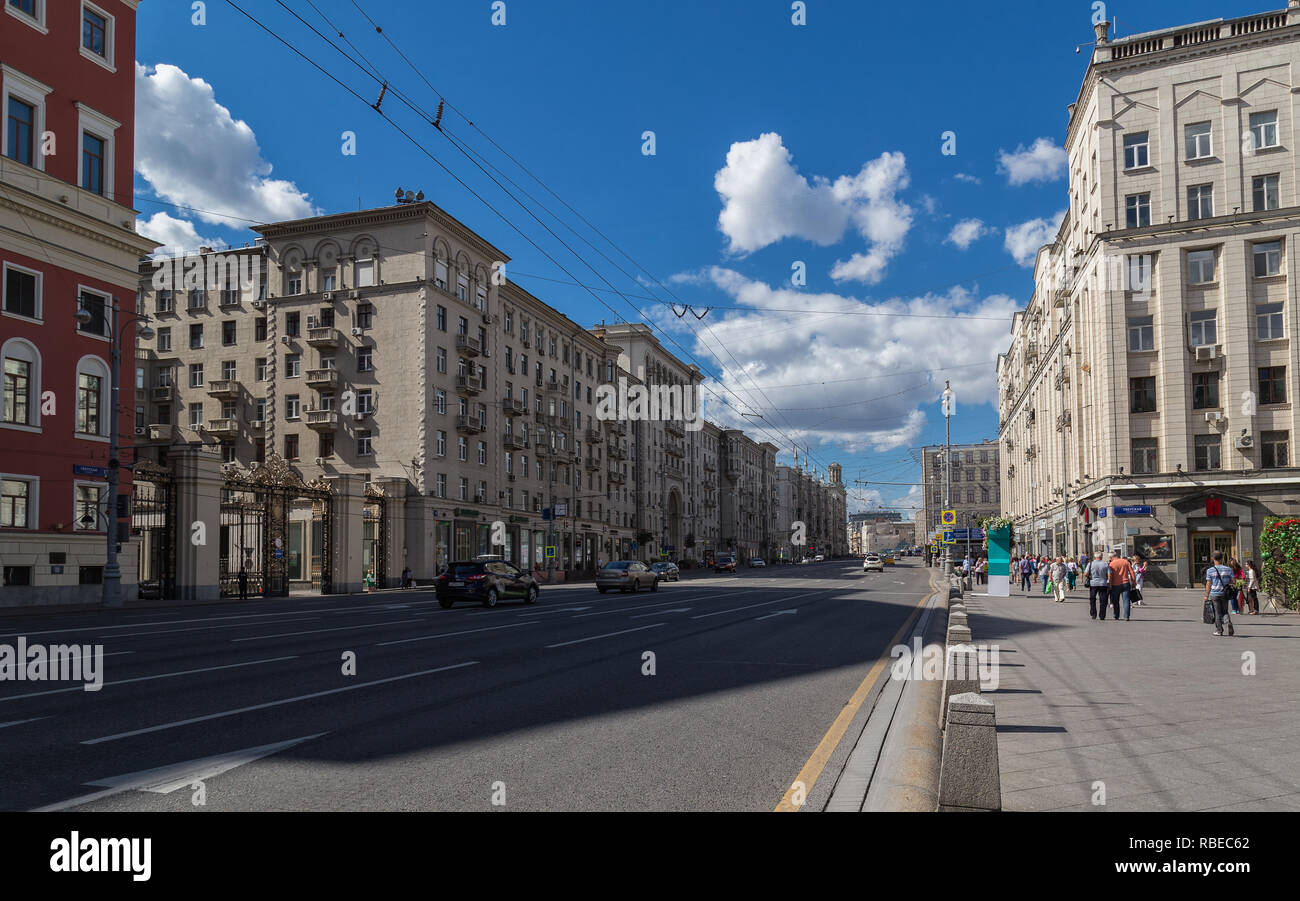 Moscow, Russia - August 14, 2015:Tverskaya Street  is the main and probably best-known radial street in Moscow. The street runs Northwest from the cen Stock Photo