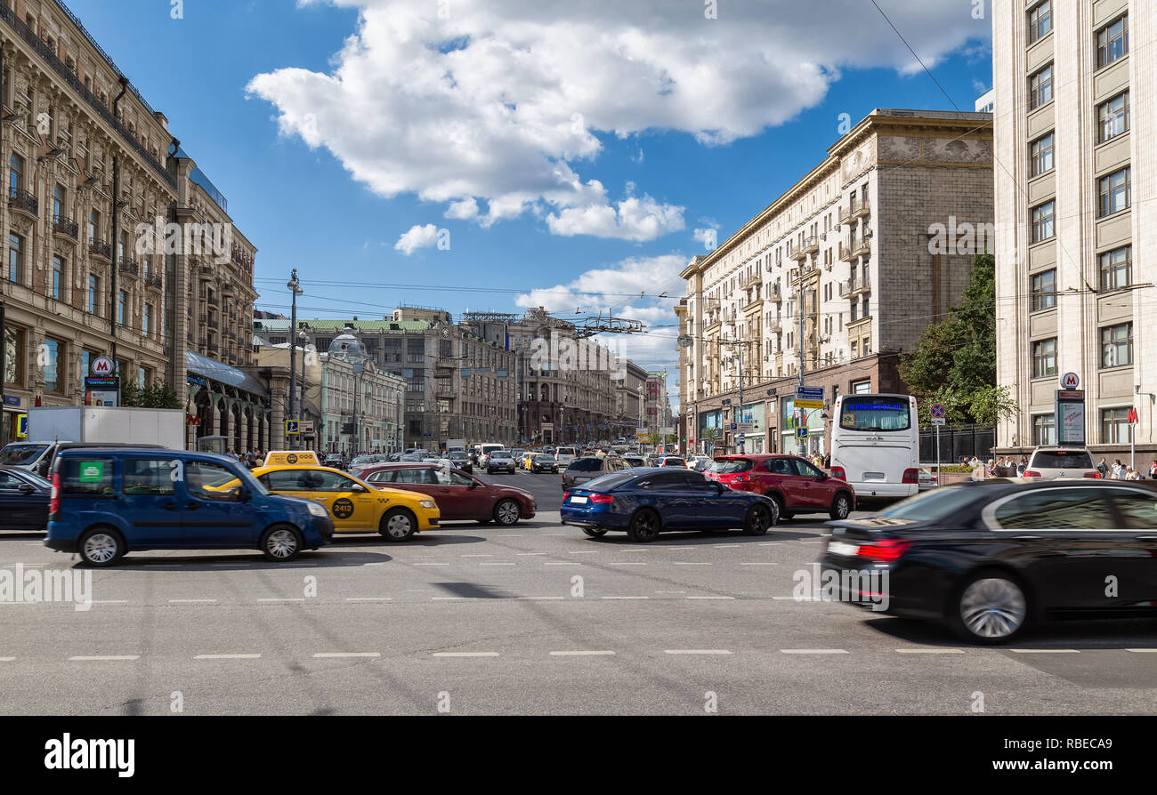 Moscow, Russia - August 14, 2015:Traffic in the beginning of Tverskaya street. Stock Photo