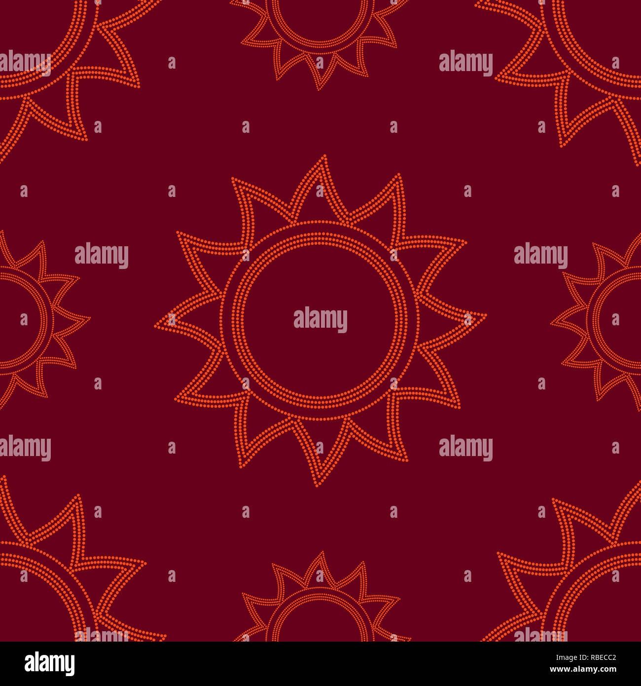 Seamless dotted sun pattern on red background Stock Photo