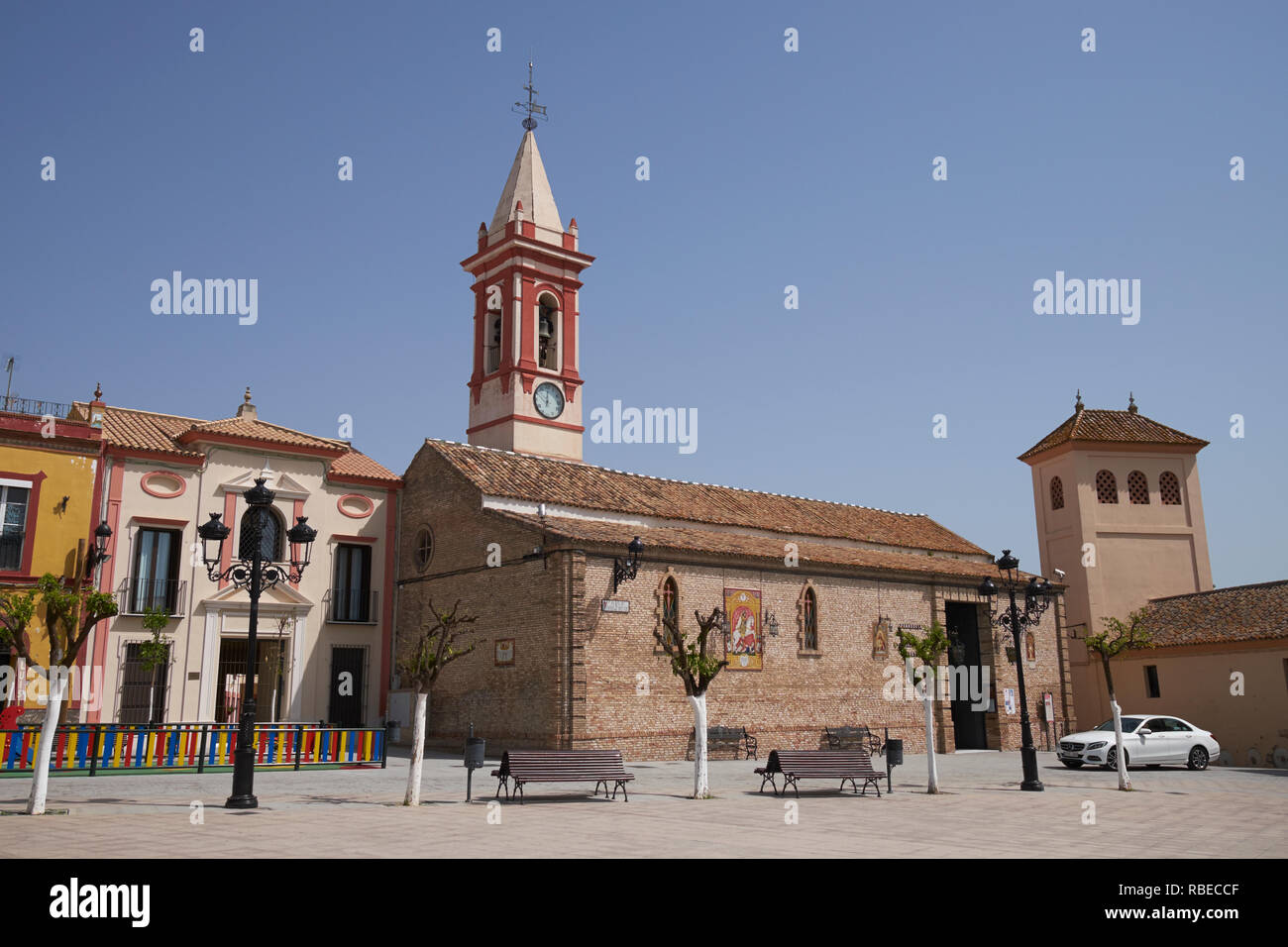 The Church of Santiago (Parroquia de Santiago Apostol), Plaza de Santiago, Castilleja de la Cuesta, Seville, Spain. Stock Photo