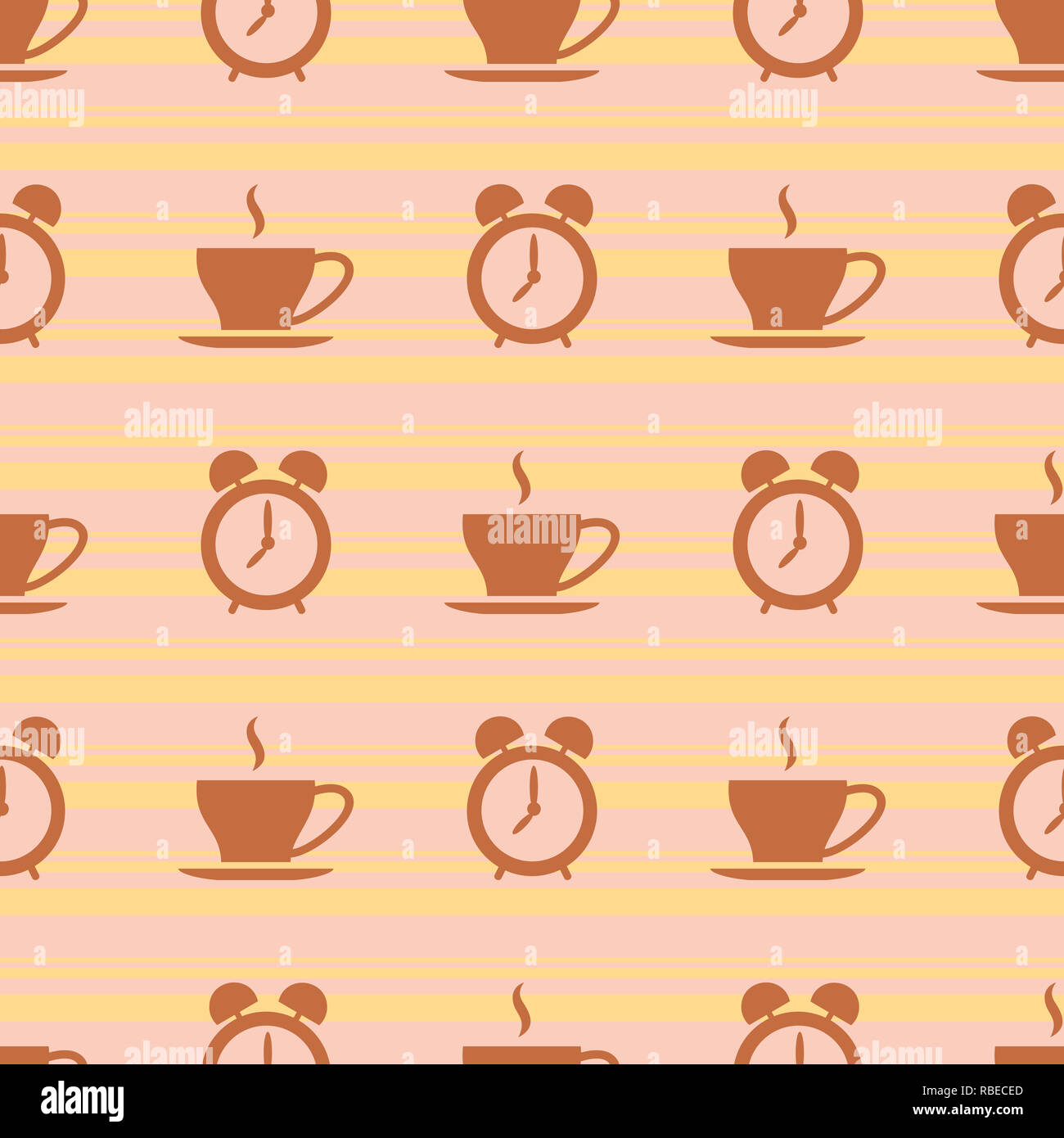 Seamless morning pattern with alarm clocks and cups Stock Photo