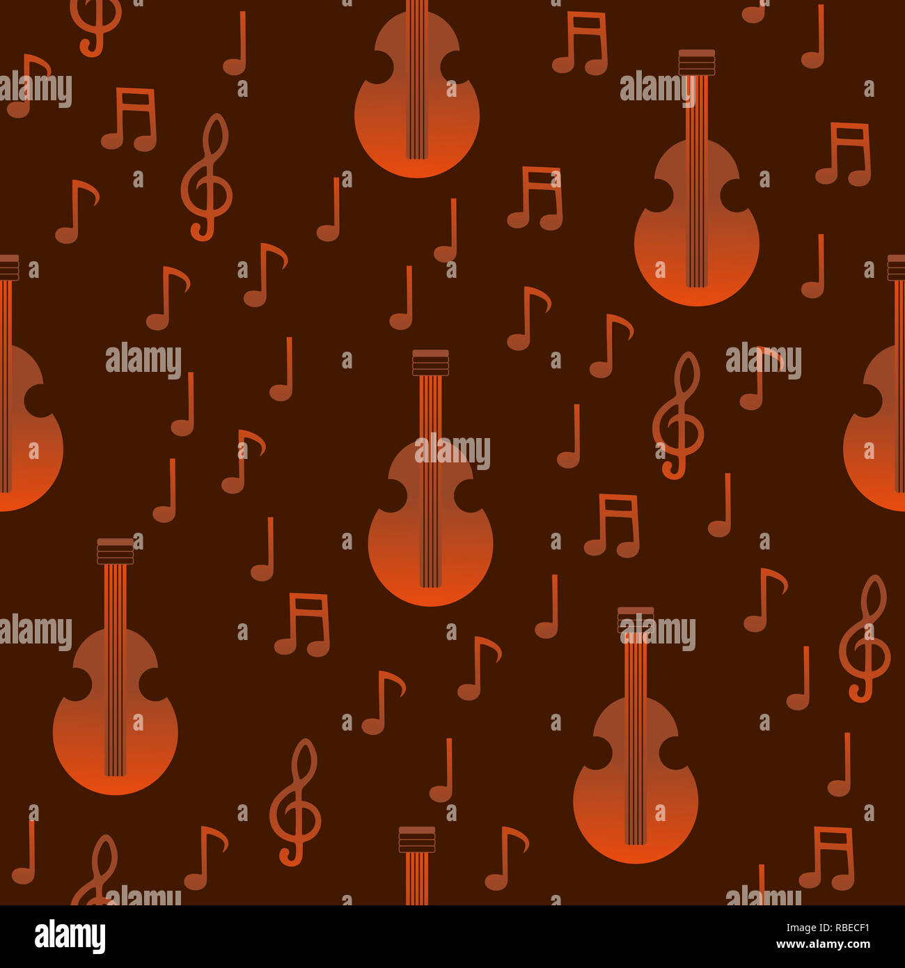 Vector music orange-brown pattern with notes and musical instruments Stock Photo