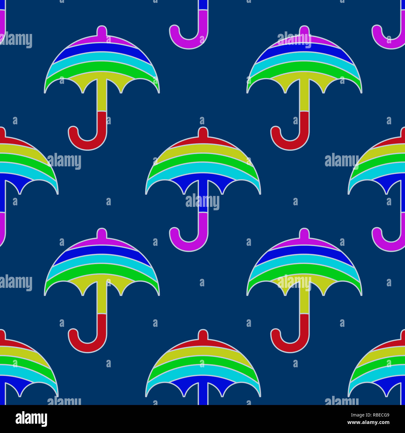 Seamless rainbow umbrella pattern on blue background Stock Photo