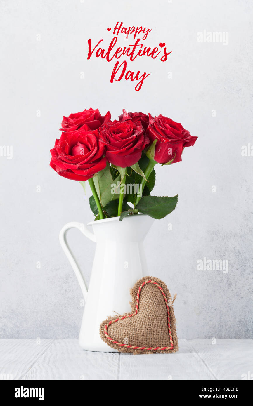 Valentine's day greeting card with red rose flowers bouquet and knitted ...