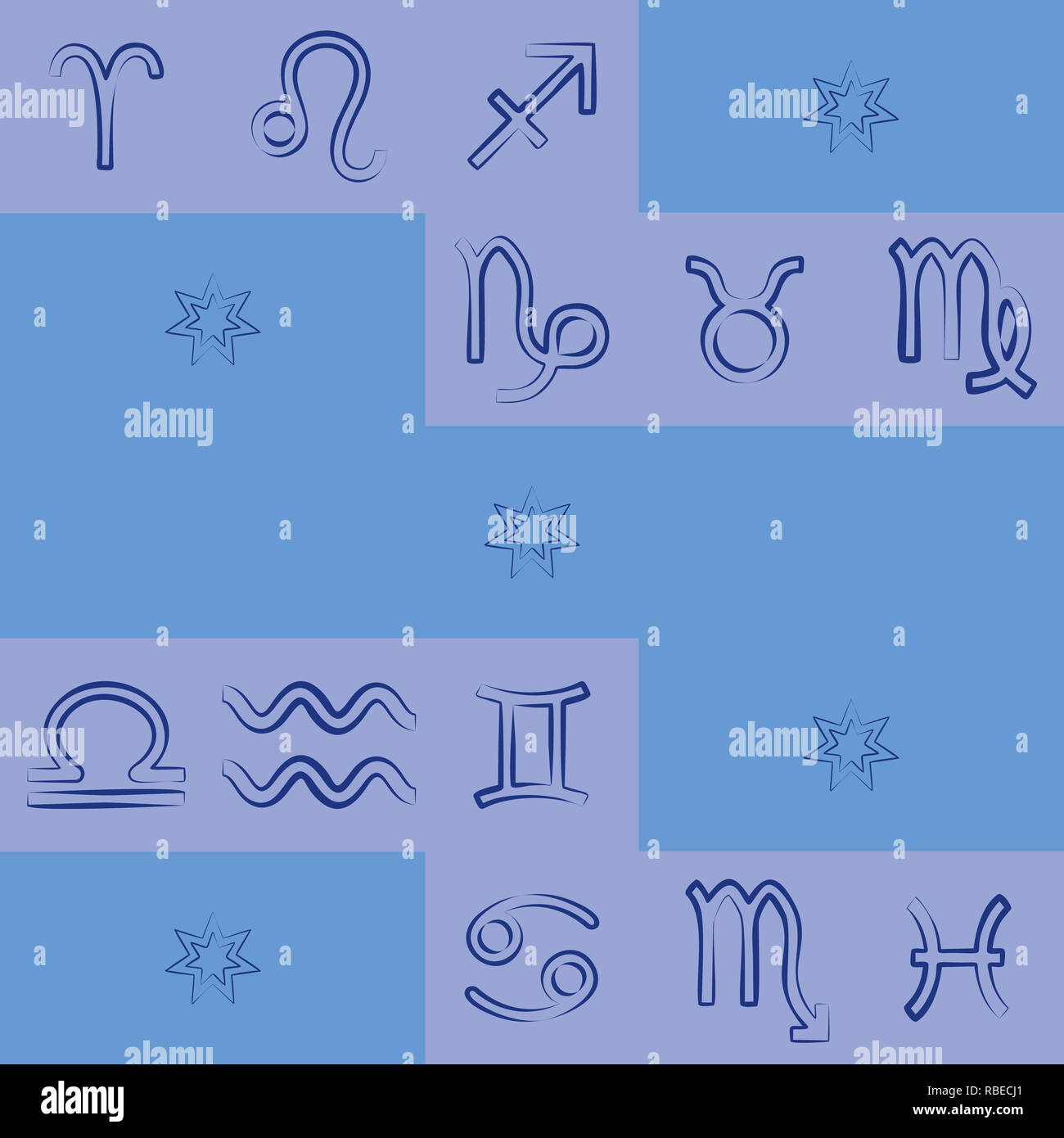 Zodiac signs irregular pattern in shades of blue Stock Photo
