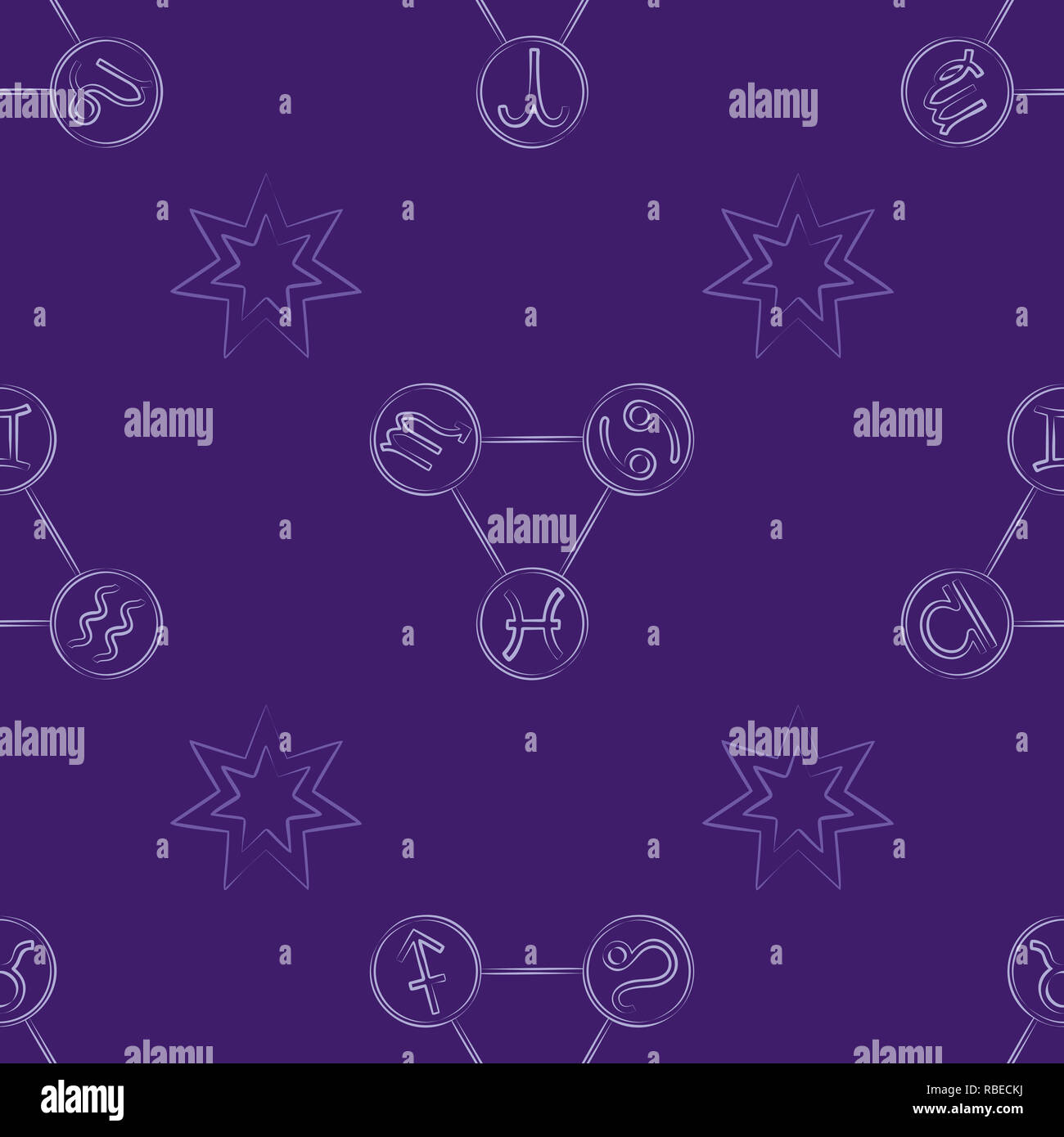 Zodiac signs seamless pattern with stars and division - triplicity (elements - fire, air, water, earth) Stock Photo