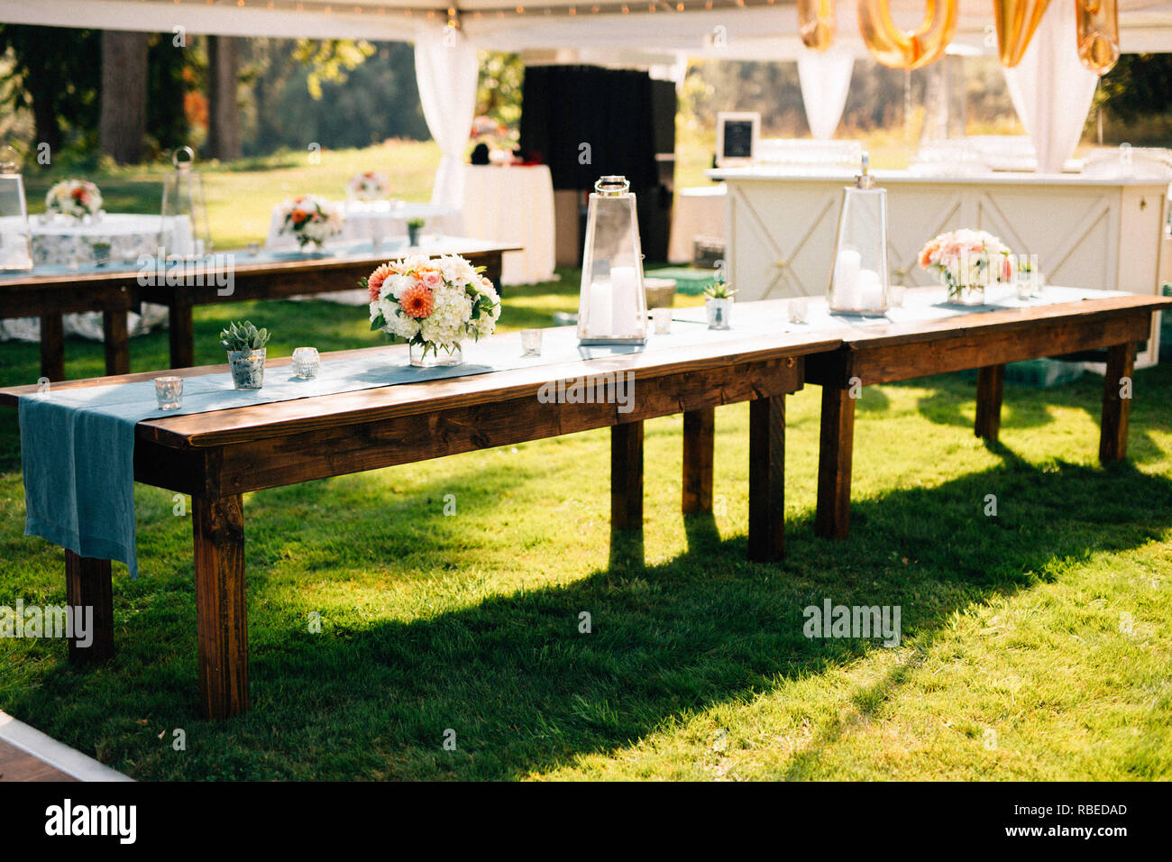 wedding tables set up for dinner event and party Stock Photo Alamy
