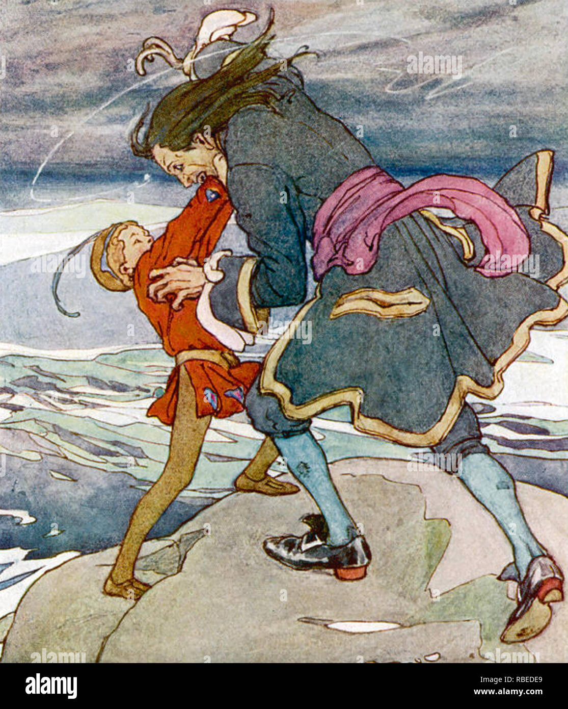 PETER PAN fights Captain Hook in a 1920s illustration of the characters created by J.M. Barrie Stock Photo