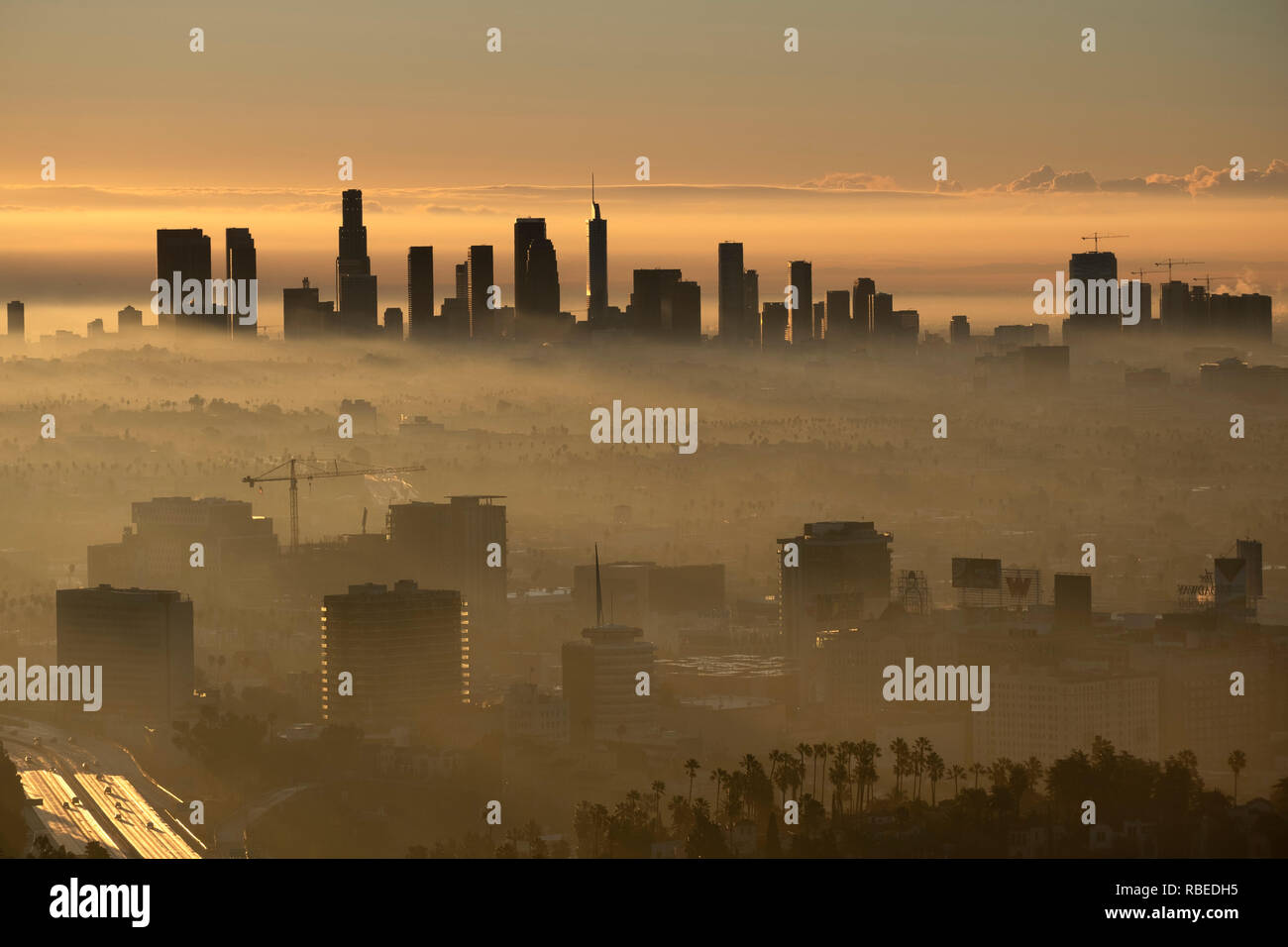 Dramatic Sunrise over Downtown LA City Stock Photo