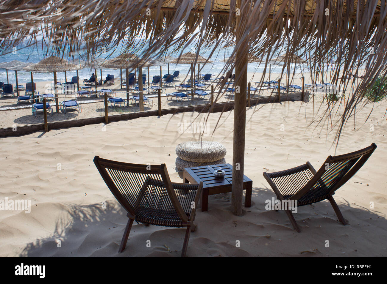 Thatch Roof Umbrella Screening the Sunlight. Beachfront Furniture