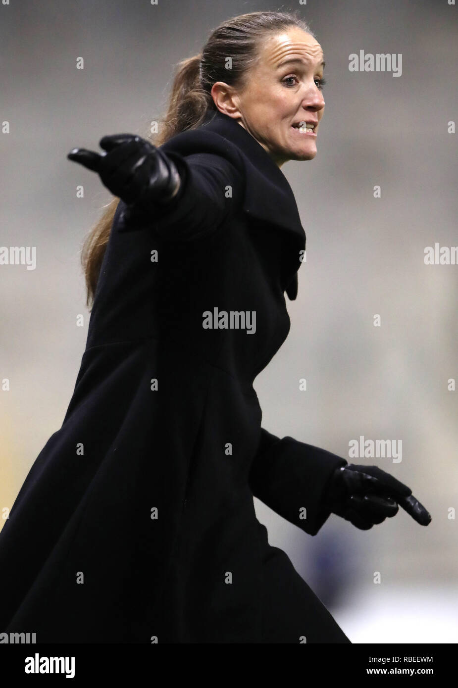 Manchester United's Women Manager Casey Stoney gestures on the touchline during the FA Continental Tyres Cup, Group Two North match at Leigh Sports Village. Stock Photo