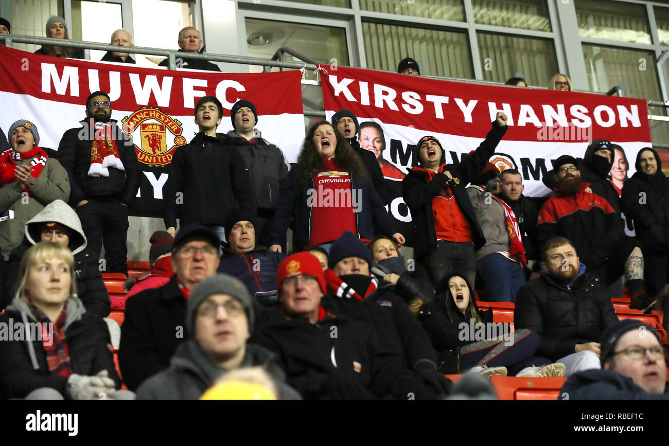 Manchester United women fans during the FA Continental Tyres Cup, Group Two North match at Leigh sports Village. Stock Photo