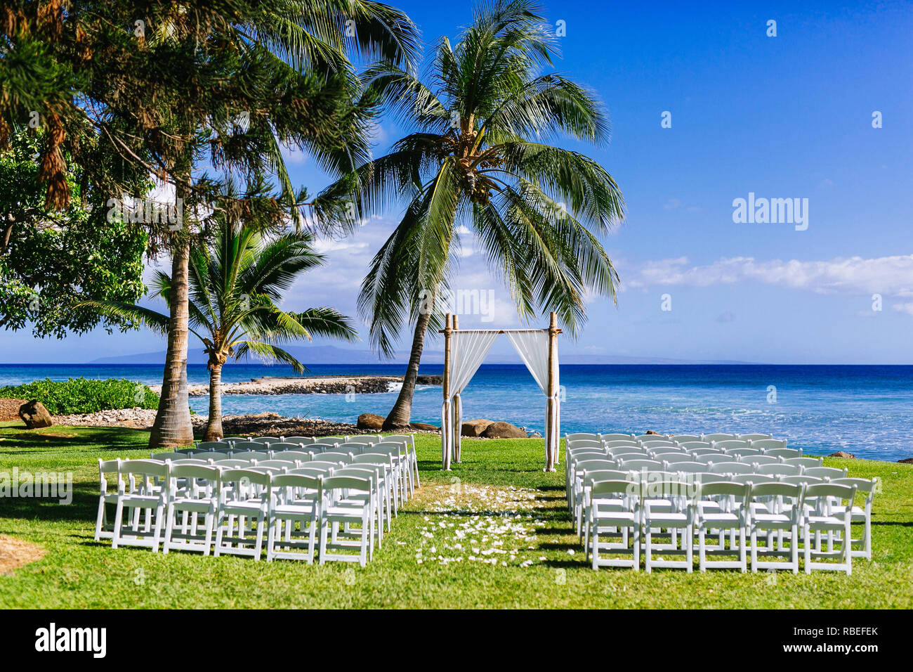 Hawaiian Wedding Ceremony Near Beach And Palm Trees Stock Photo