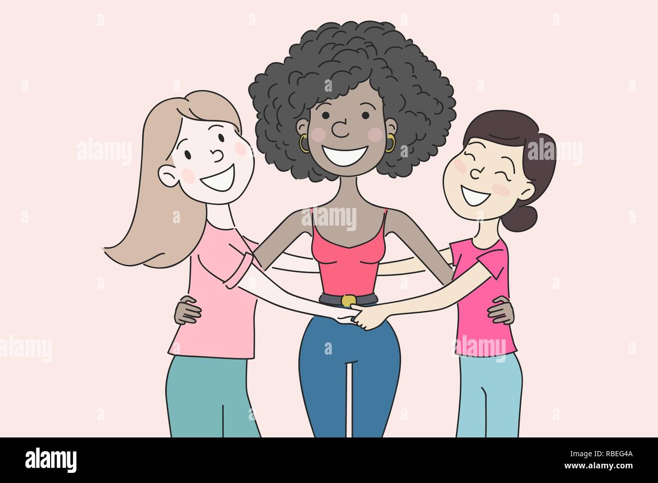 Happy Women or Girls - Caucasian, African, Asian - Standing Together and Holding Hands. Multi-Ethnic Female Friends, Union, Feminists, Sisterhood Concept. Hand Drawn, Flat Style Cartoon Characters Stock Vector