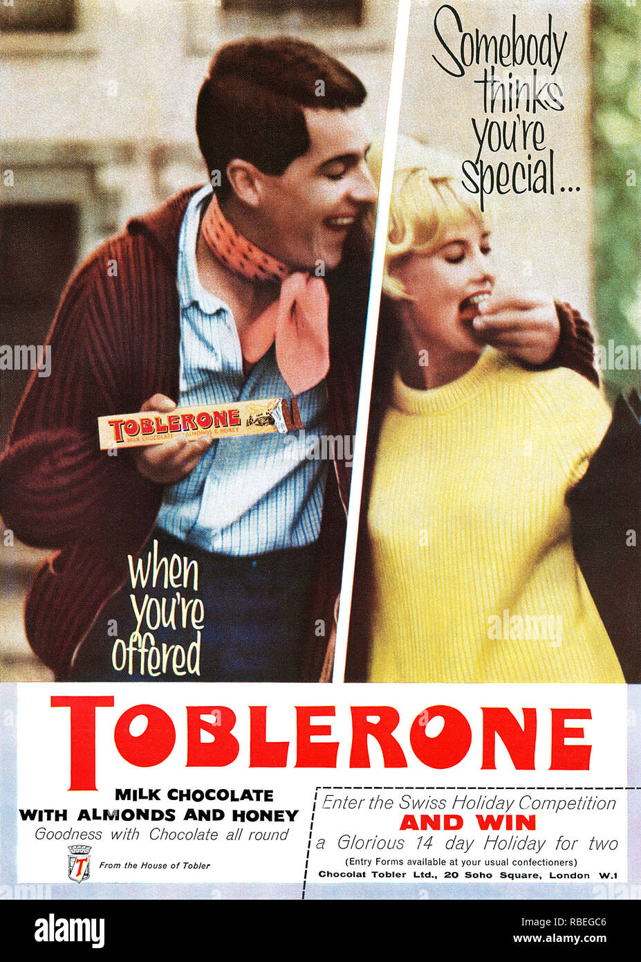 1960 British advertisement for Toblerone chocolate bar. Stock Photo