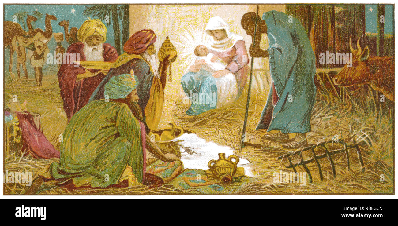 1893 sentimental Victorian illustration of a nativity scene with Mary, Jesus, Joseph and the Three Wise Men. Stock Photo