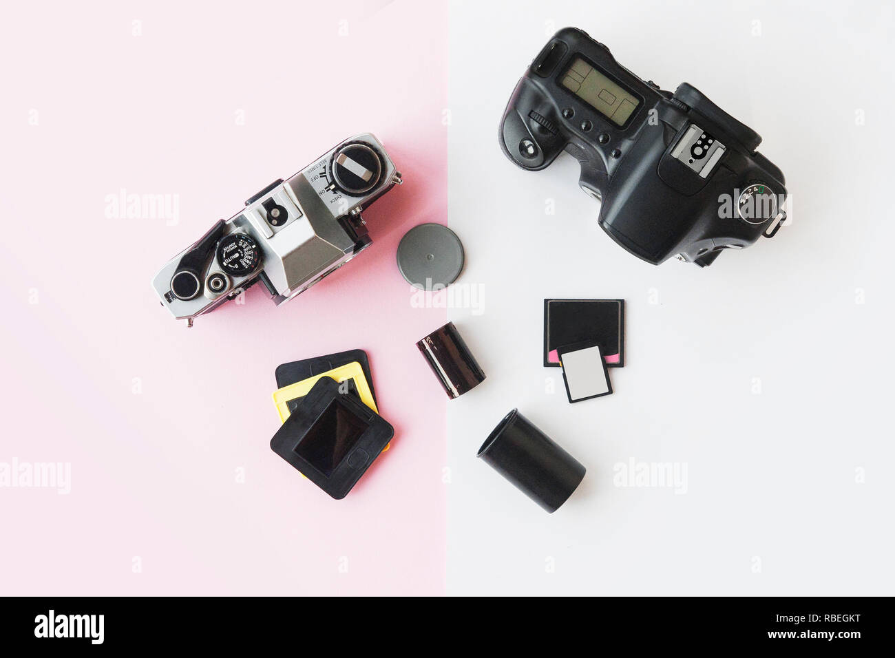 Digital vs. Analog SLR Camera with Slides, Memory Cards, 35 mm Negative