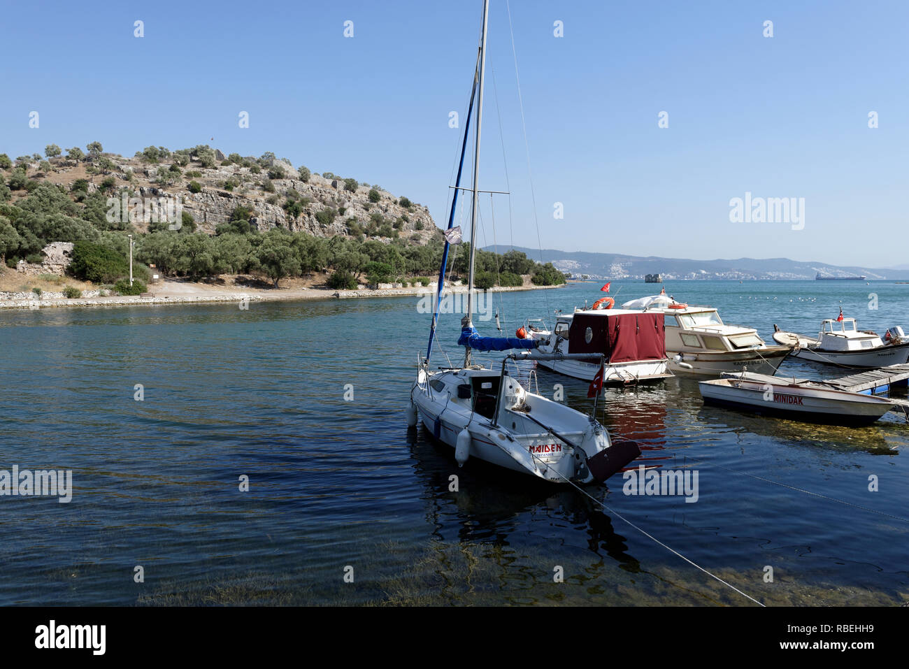 View of the Acropolis of ancient city of Iasos from the modern town of ...