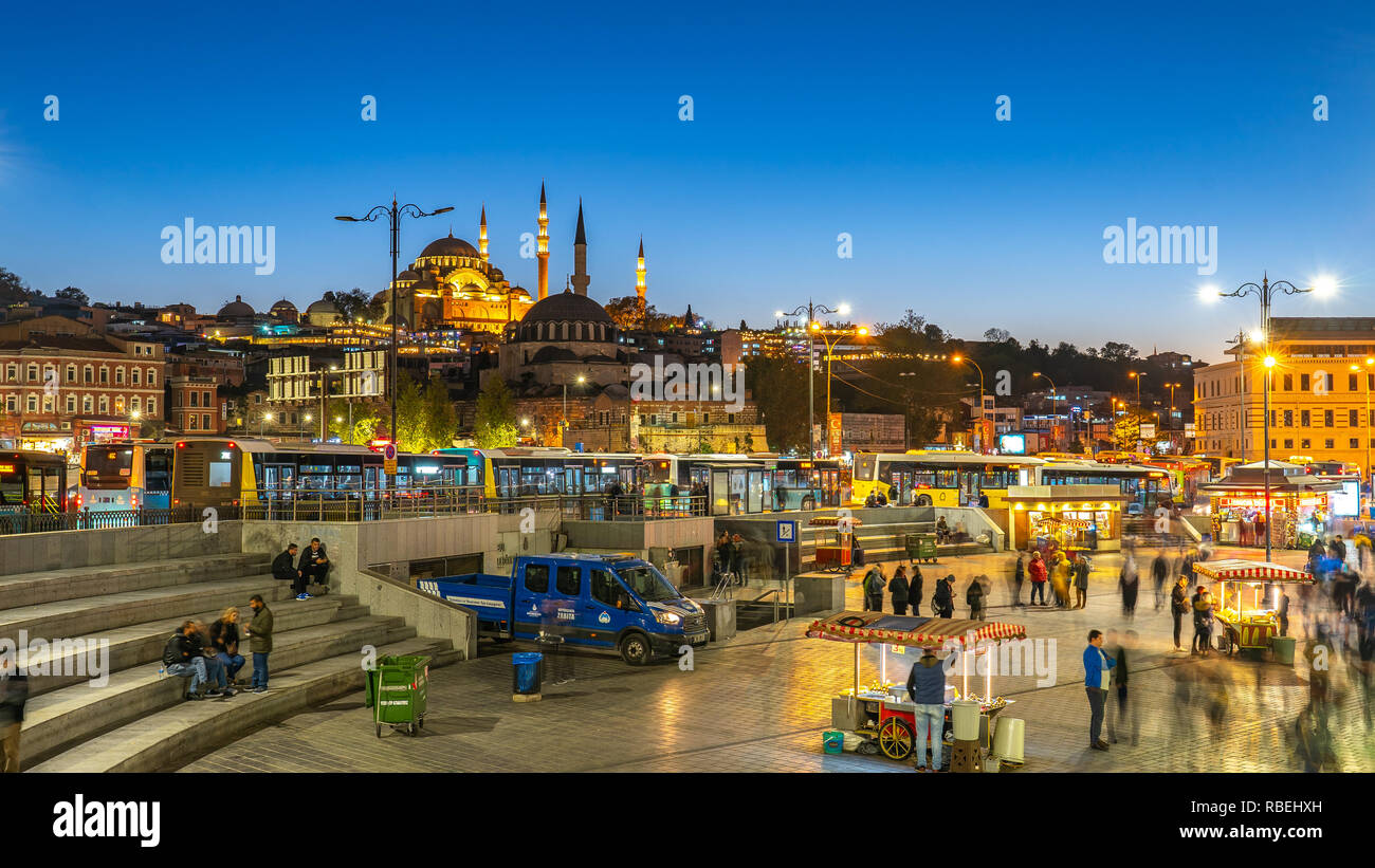 Suleymaniye Mosque with Istanbul city skyline at night in Turkey. Stock Photo