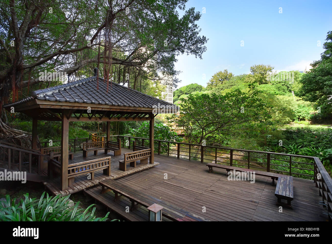 Peaceful scene of the pavilion in the garden, Beitou park, Taipei City, Taiwan. Stock Photo