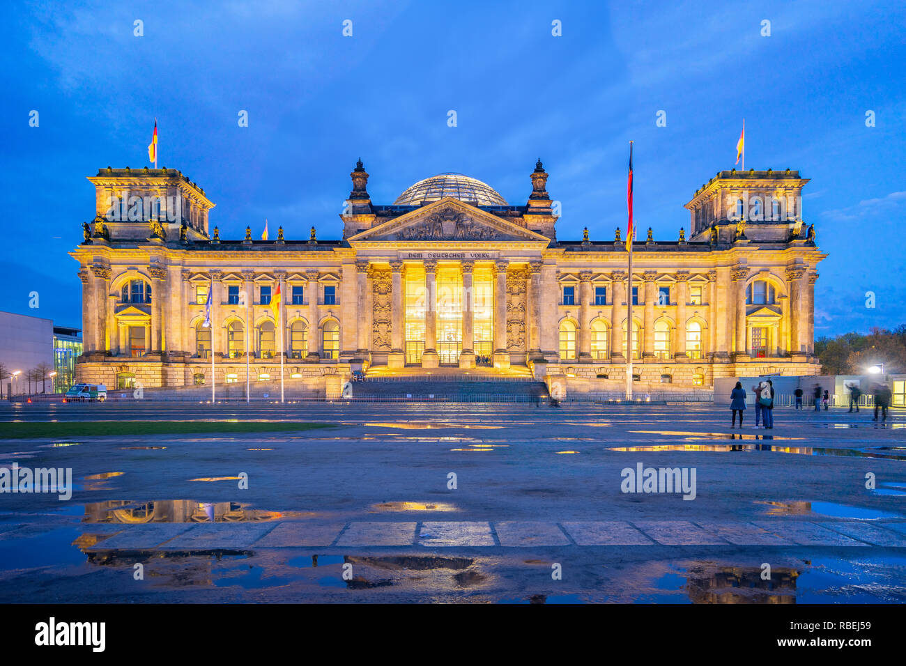 Deutscher Bundestag at night in Berlin city, Germany. Stock Photo