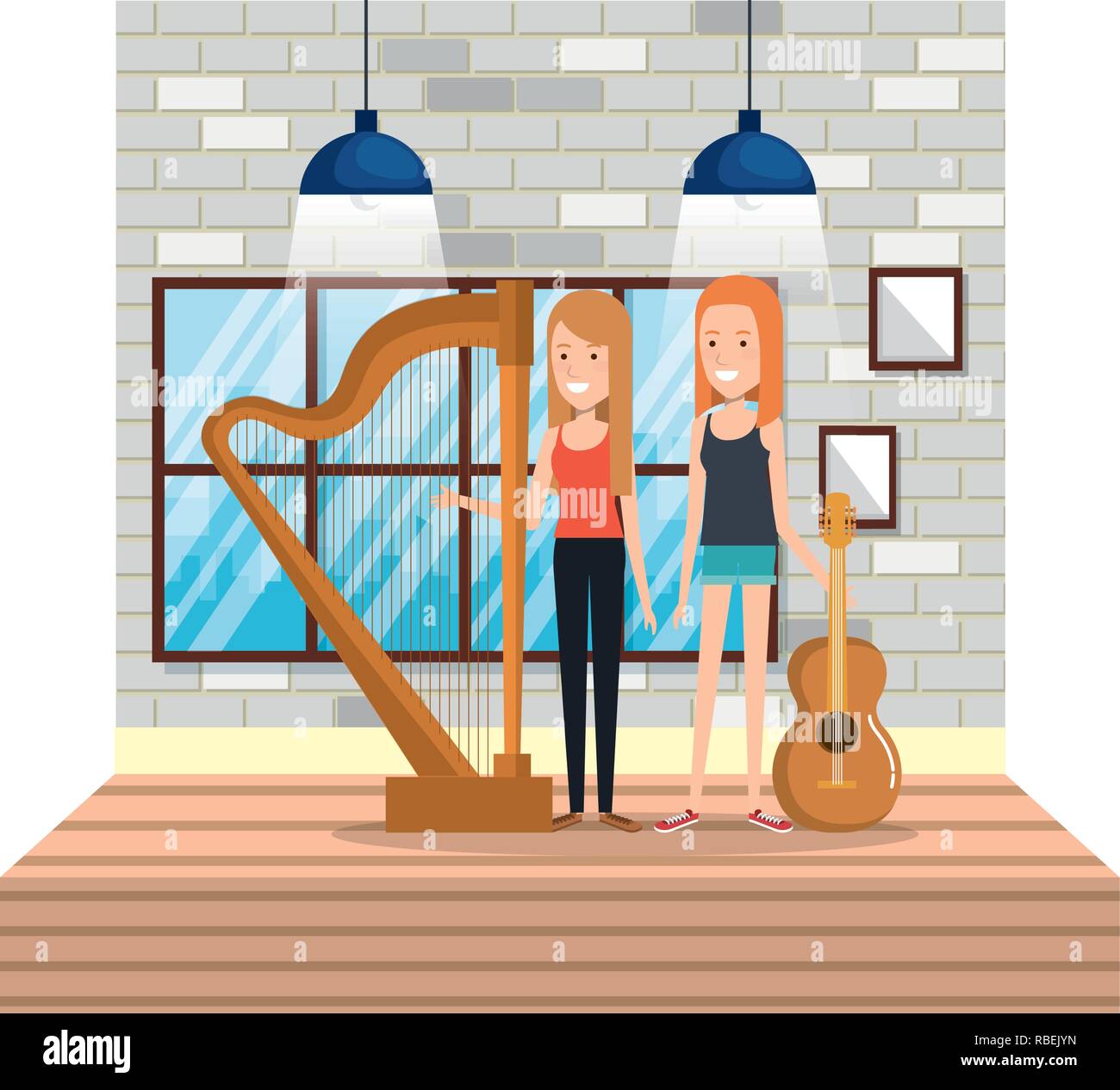 young girls playing instruments in the house Stock Vector Image & Art ...