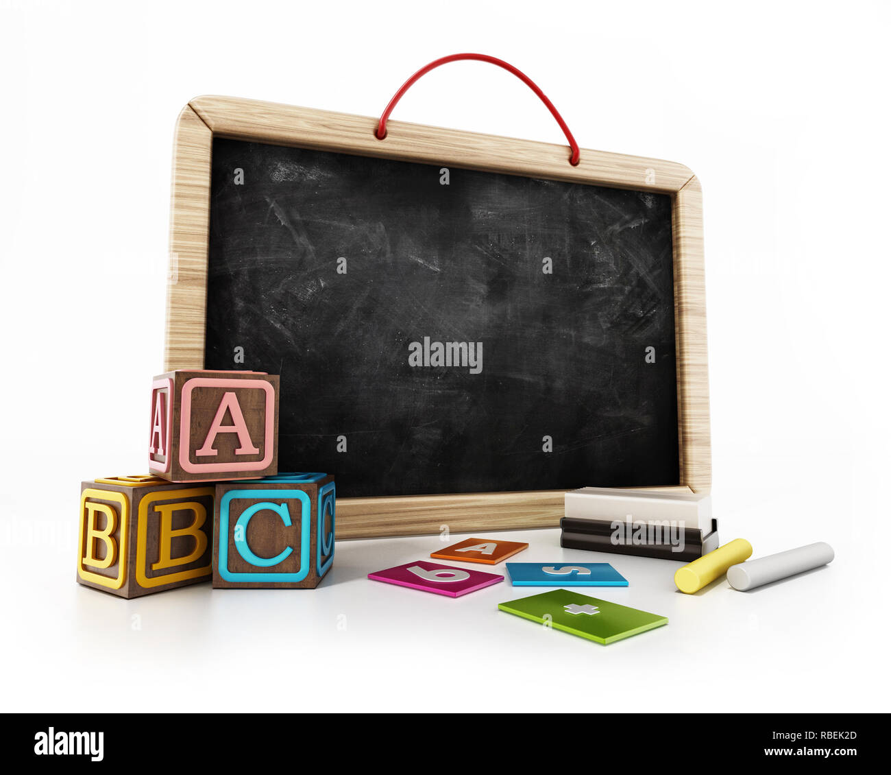 Toy blackboard, education cubes, two chalks and eraser isolated on white background. 3D illustration. Stock Photo