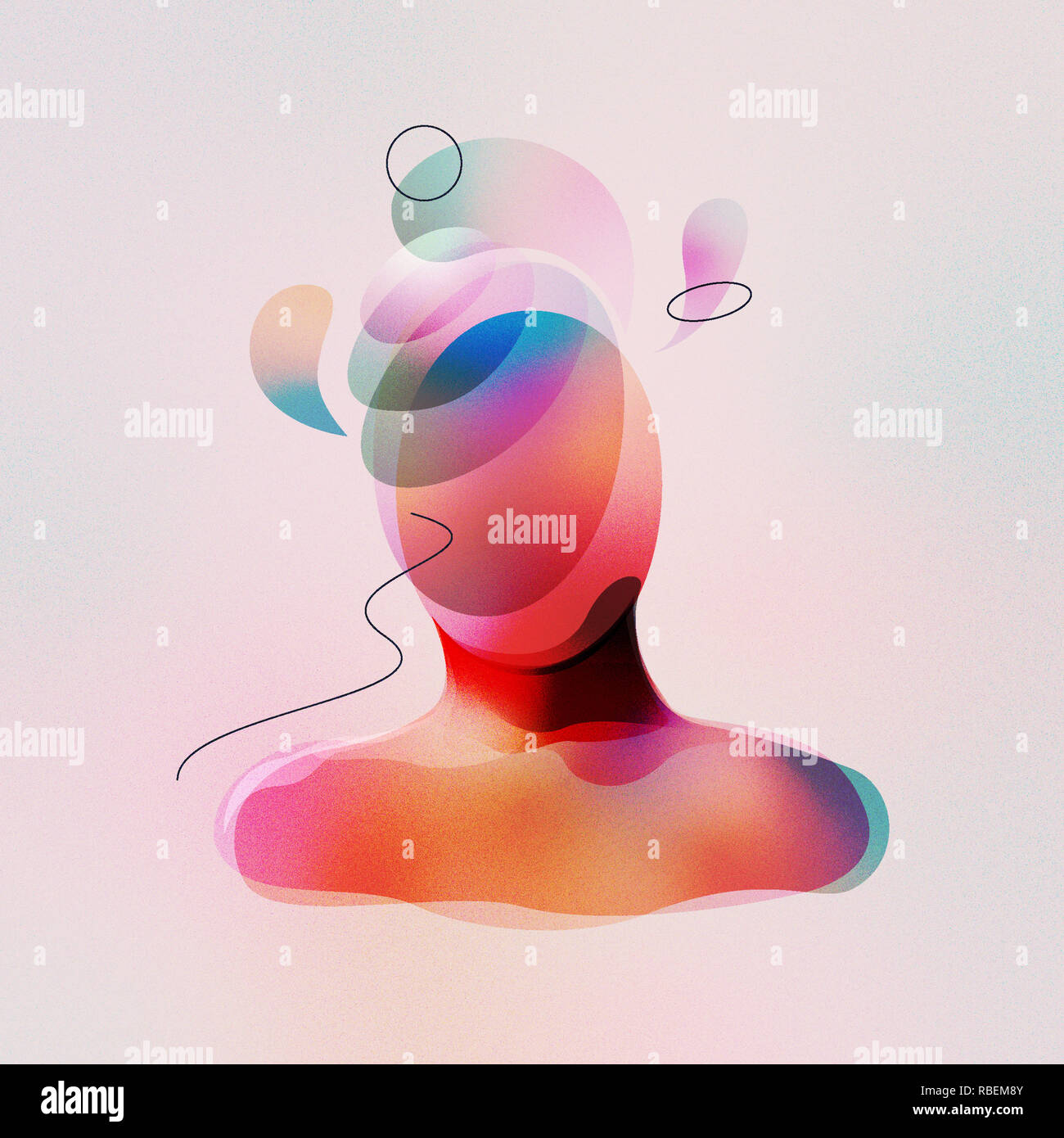 Digital illustration of a surrealistic faceless human with spiritual thoughts. Made with vector vbrant color gradient geometry forms. Stock Photo